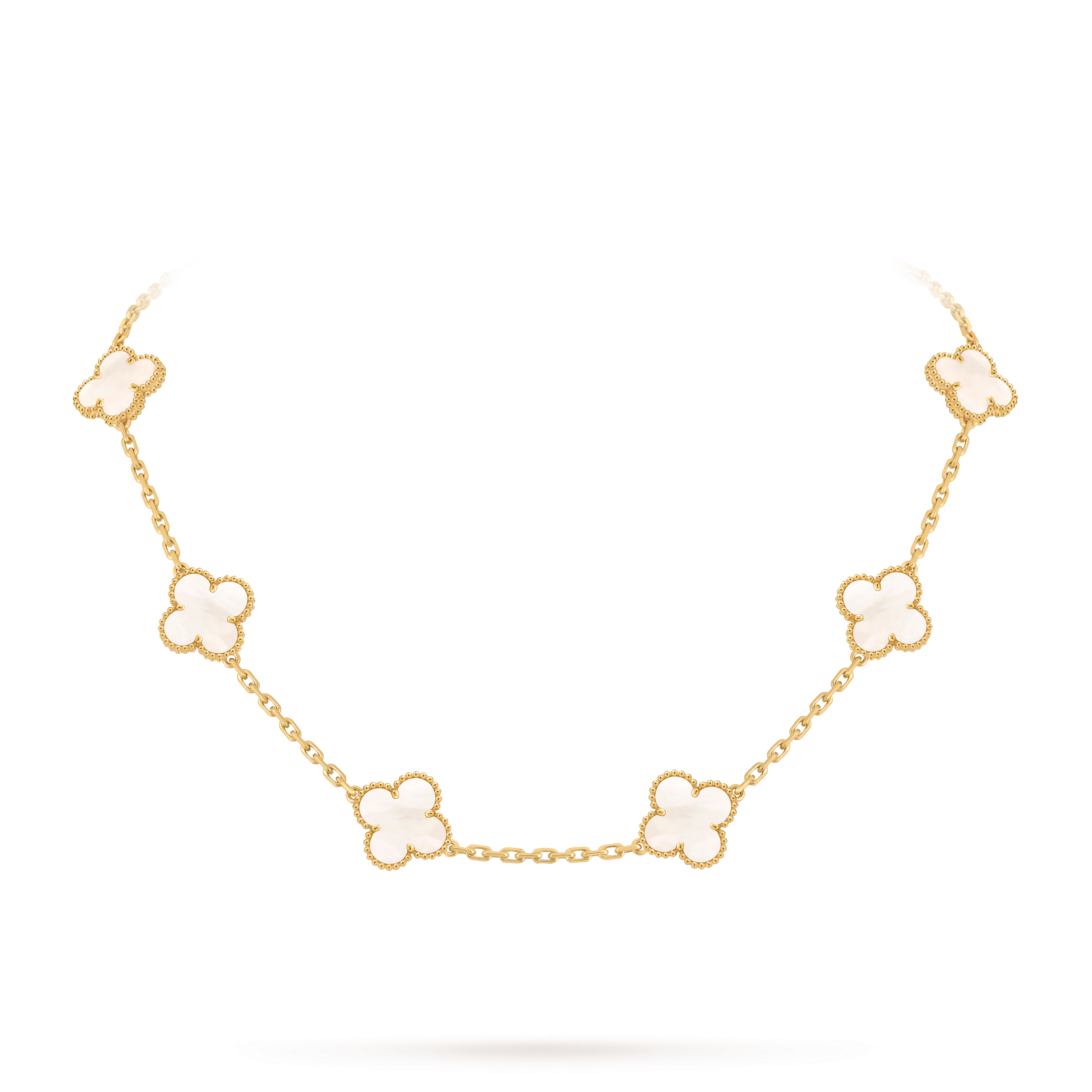 Van Cleef & Arpels Gold 10 Four-Leaf Clover Pearl Mother-of-Pearl Necklace Vintage Alhambra