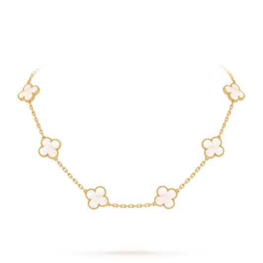 Van Cleef & Arpels Gold 10 Four-Leaf Clover Pearl Mother-of-Pearl Necklace Vintage Alhambra