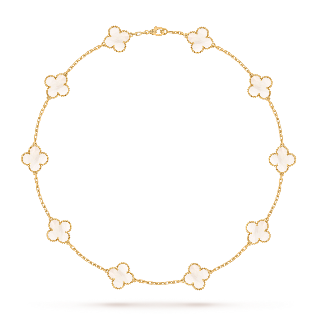 Van Cleef & Arpels Gold 10 Four-Leaf Clover Pearl Mother-of-Pearl Necklace Vintage Alhambra