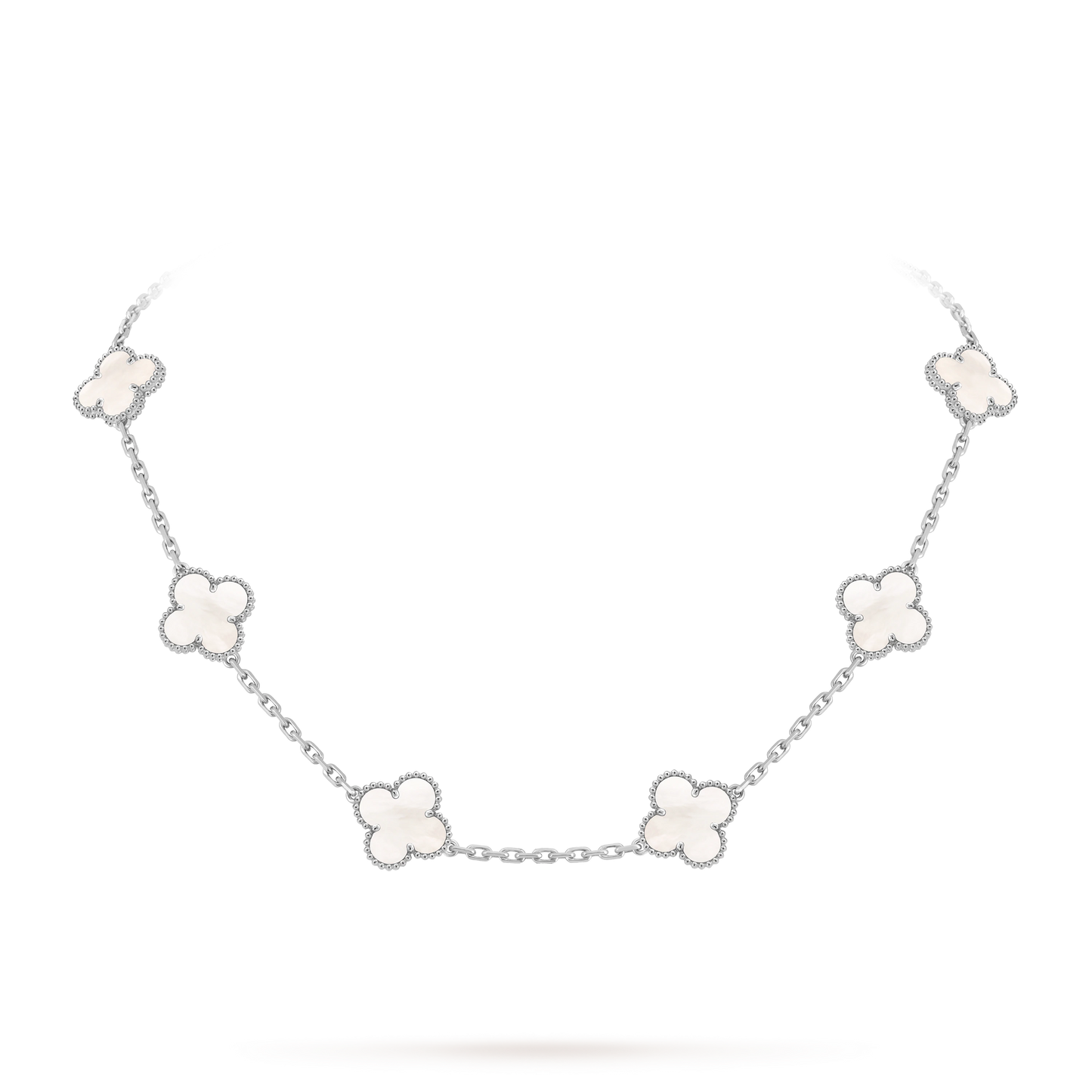 Van Cleef & Arpels Platinum 10 Four-Leaf Clover Pearl Mother-of-Pearl Necklace Vintage Alhambra
