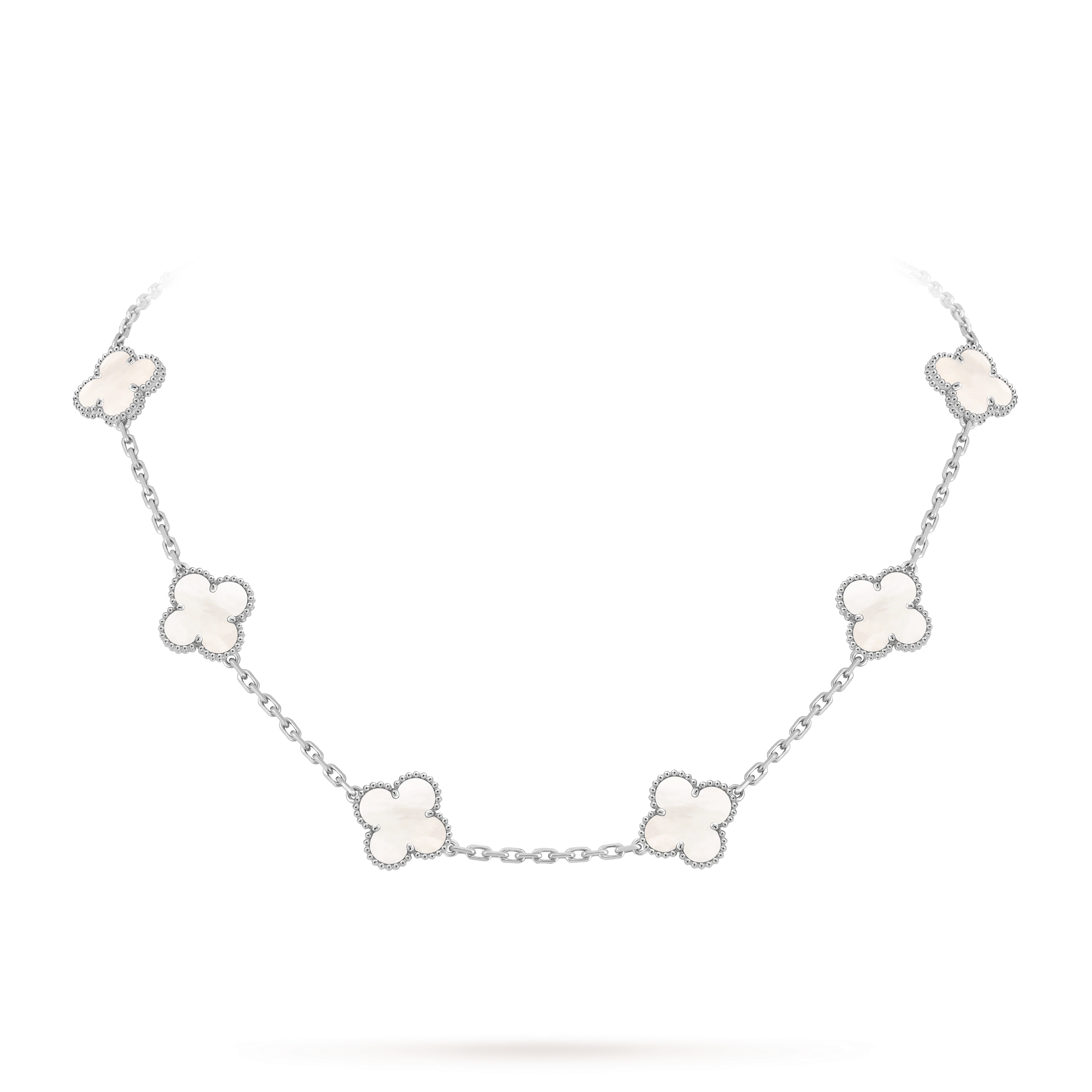 Van Cleef & Arpels Platinum 10 Four-Leaf Clover Pearl Mother-of-Pearl Necklace Vintage Alhambra