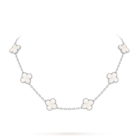 Van Cleef & Arpels Platinum 10 Four-Leaf Clover Pearl Mother-of-Pearl Necklace Vintage Alhambra