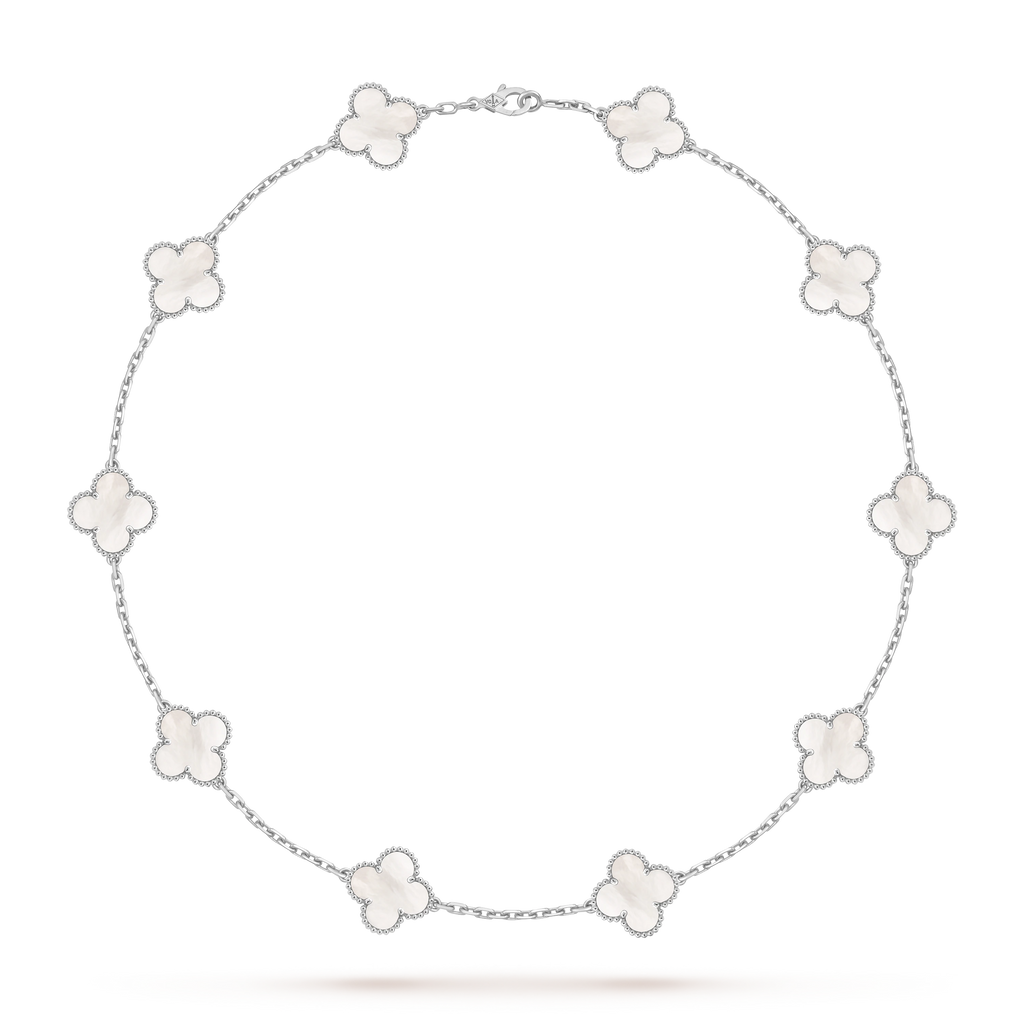 Van Cleef & Arpels Platinum 10 Four-Leaf Clover Pearl Mother-of-Pearl Necklace Vintage Alhambra