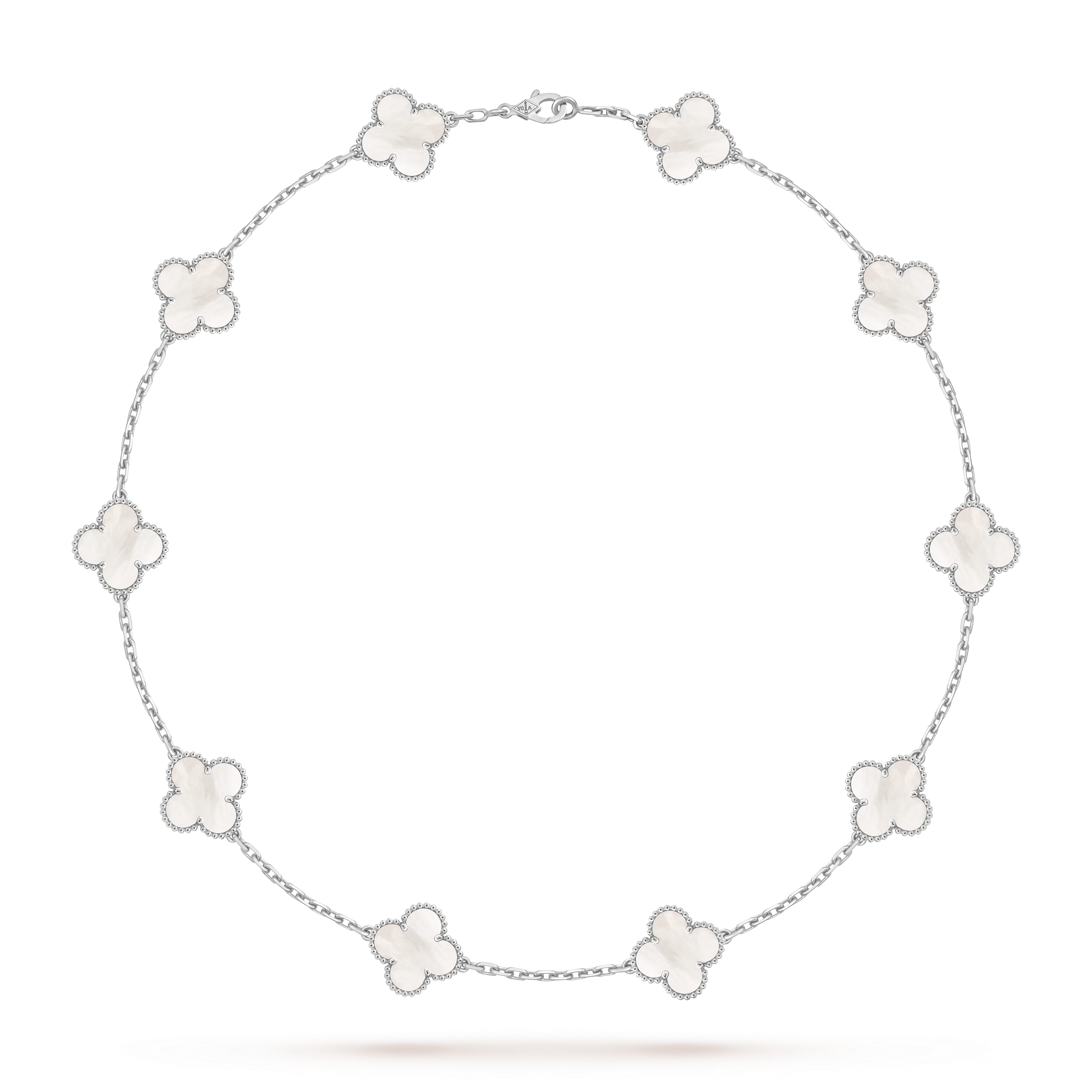 Van Cleef & Arpels Platinum 10 Four-Leaf Clover Pearl Mother-of-Pearl Necklace Vintage Alhambra