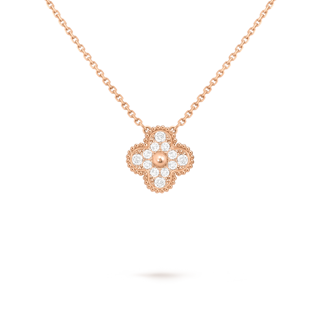 Van Cleef & Arpels Four-leaf Clover Full Diamond Pendant rose Gold Necklace Vintage Alhambra