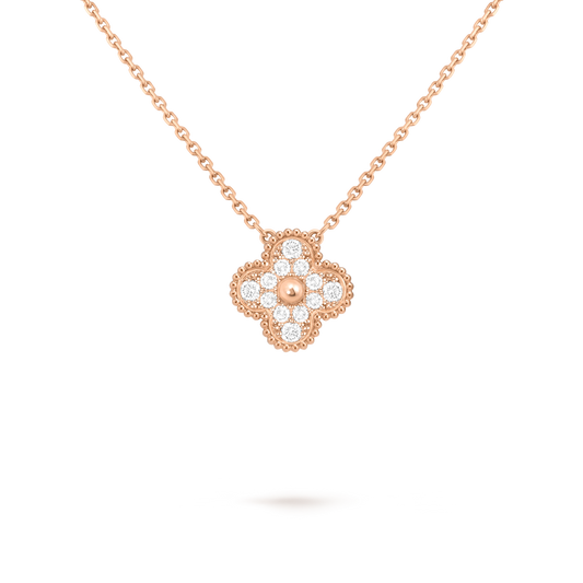 Van Cleef & Arpels Four-leaf Clover Full Diamond Pendant rose Gold Necklace Vintage Alhambra