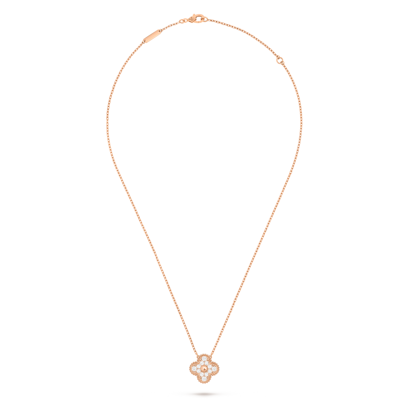 Van Cleef & Arpels Four-leaf Clover Full Diamond Pendant rose Gold Necklace Vintage Alhambra