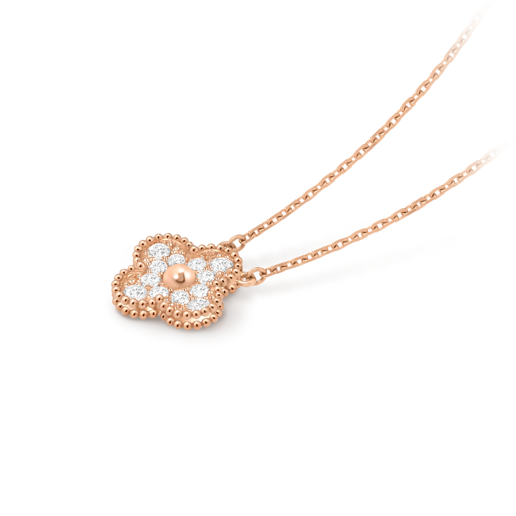 Van Cleef & Arpels Four-leaf Clover Full Diamond Pendant rose Gold Necklace Vintage Alhambra