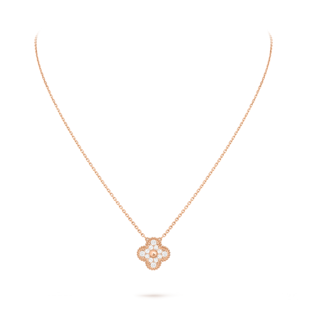 Van Cleef & Arpels Four-leaf Clover Full Diamond Pendant rose Gold Necklace Vintage Alhambra