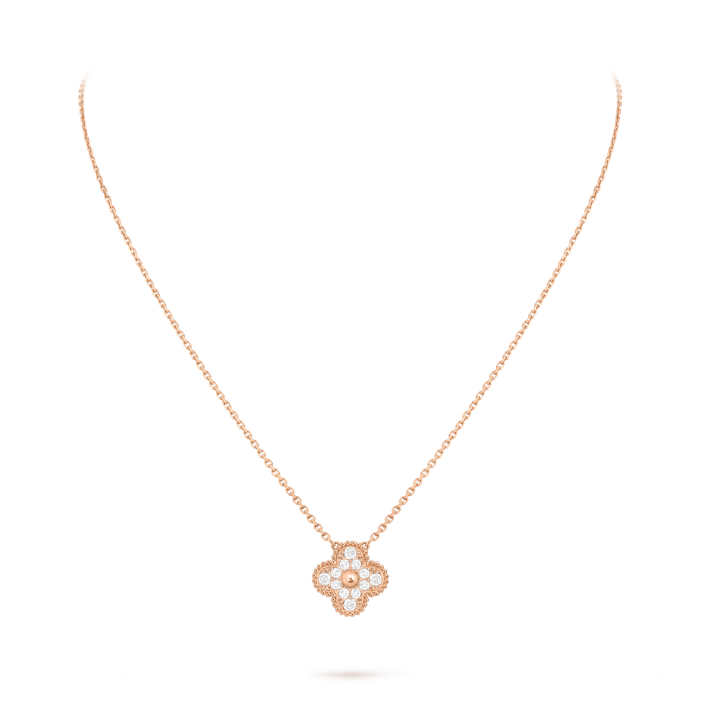 Van Cleef & Arpels Four-leaf Clover Full Diamond Pendant rose Gold Necklace Vintage Alhambra