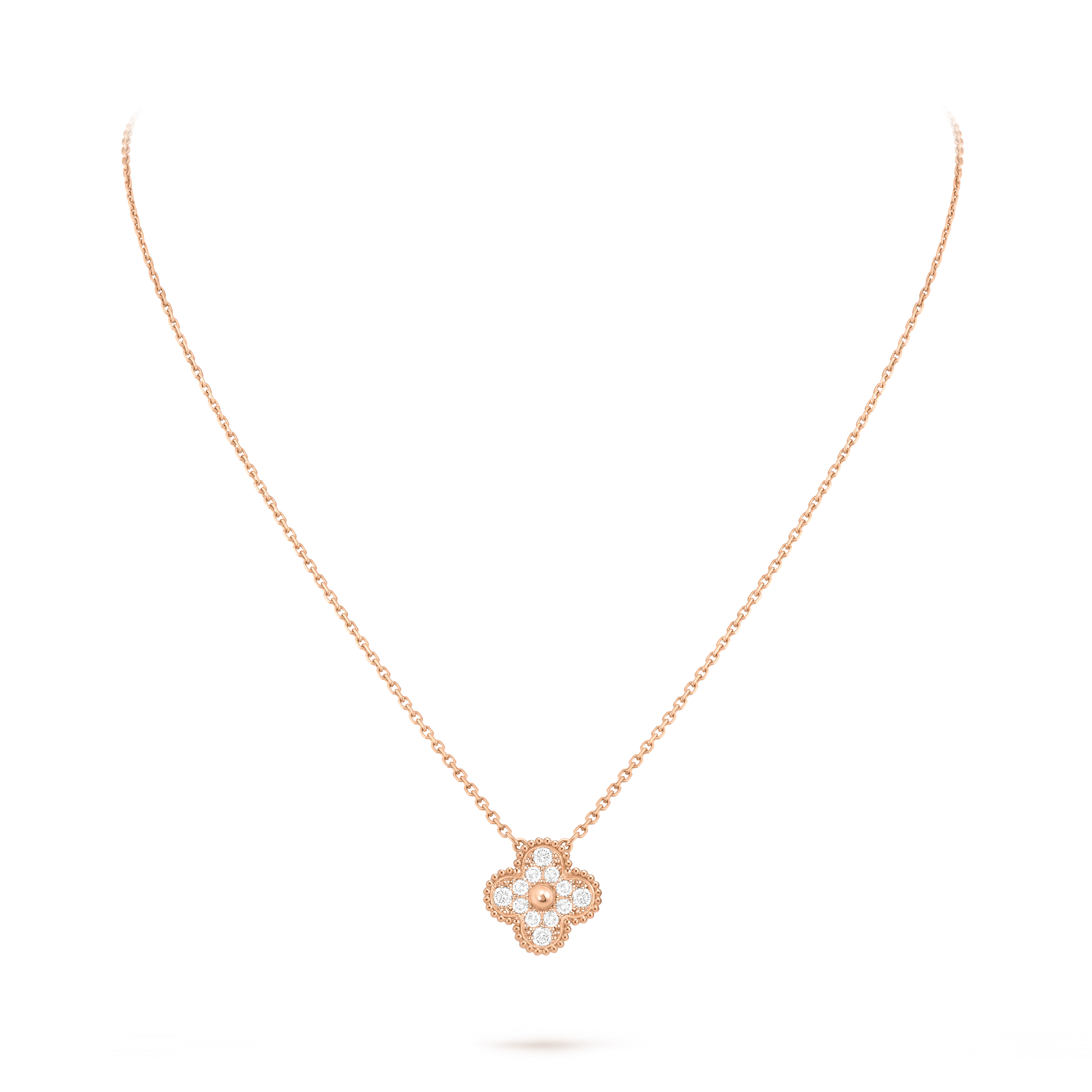Van Cleef & Arpels Four-leaf Clover Full Diamond Pendant rose Gold Necklace Vintage Alhambra