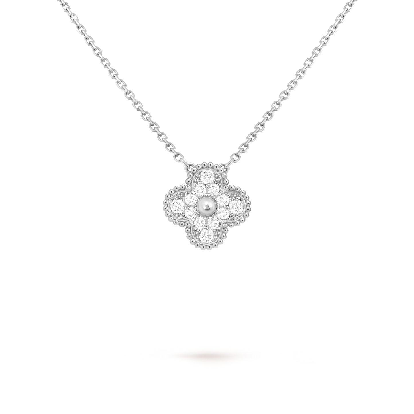 Van Cleef & Arpels Four-leaf Clover Full Diamond Pendant White Gold Necklace Vintage Alhambra