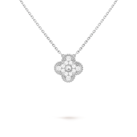Van Cleef & Arpels Four-leaf Clover Full Diamond Pendant White Gold Necklace Vintage Alhambra