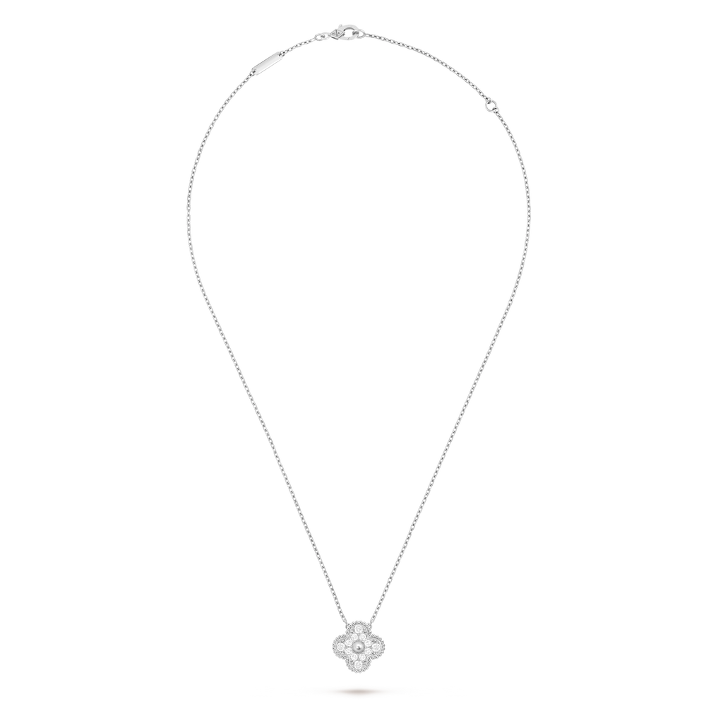 Van Cleef & Arpels Four-leaf Clover Full Diamond Pendant White Gold Necklace Vintage Alhambra