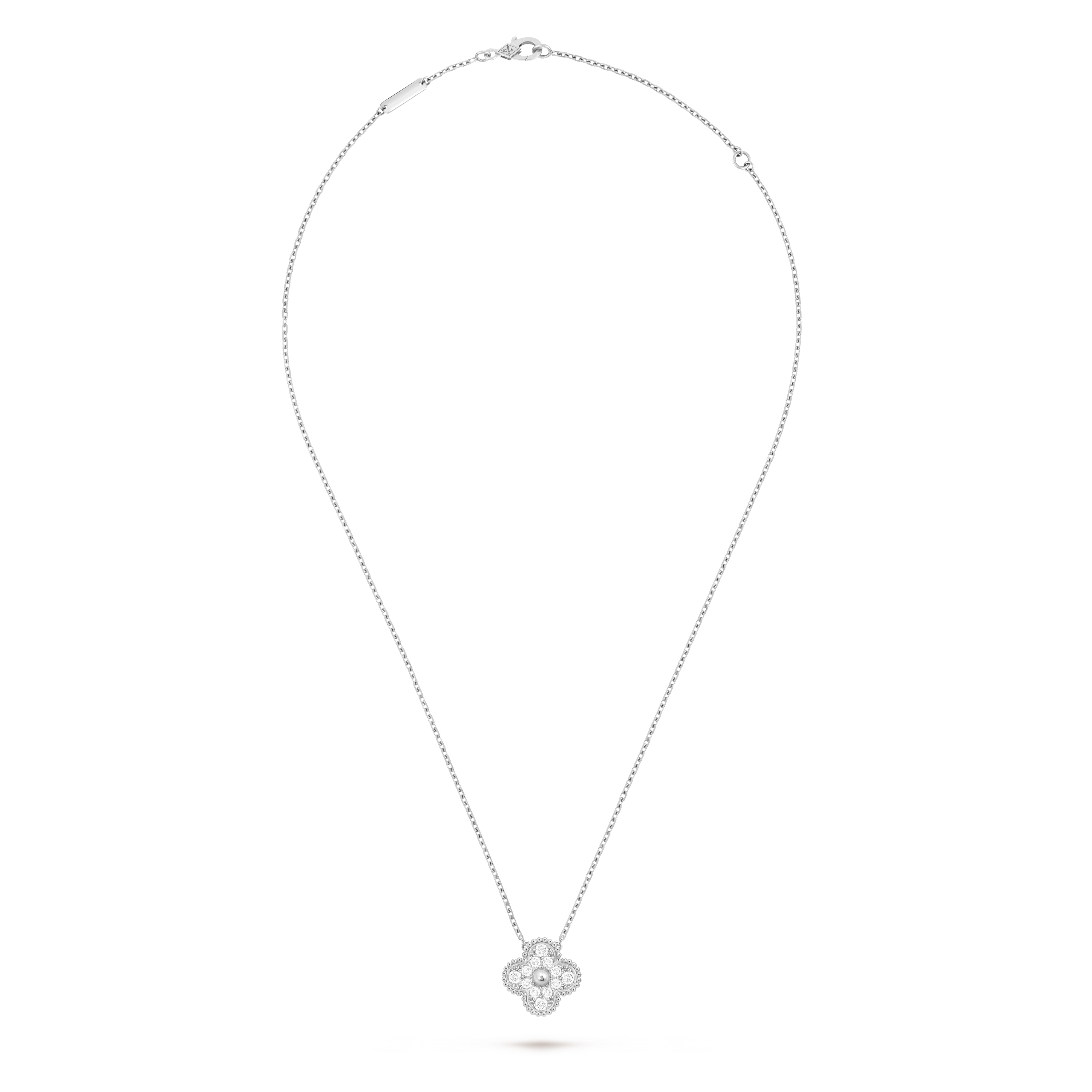 Van Cleef & Arpels Four-leaf Clover Full Diamond Pendant White Gold Necklace Vintage Alhambra