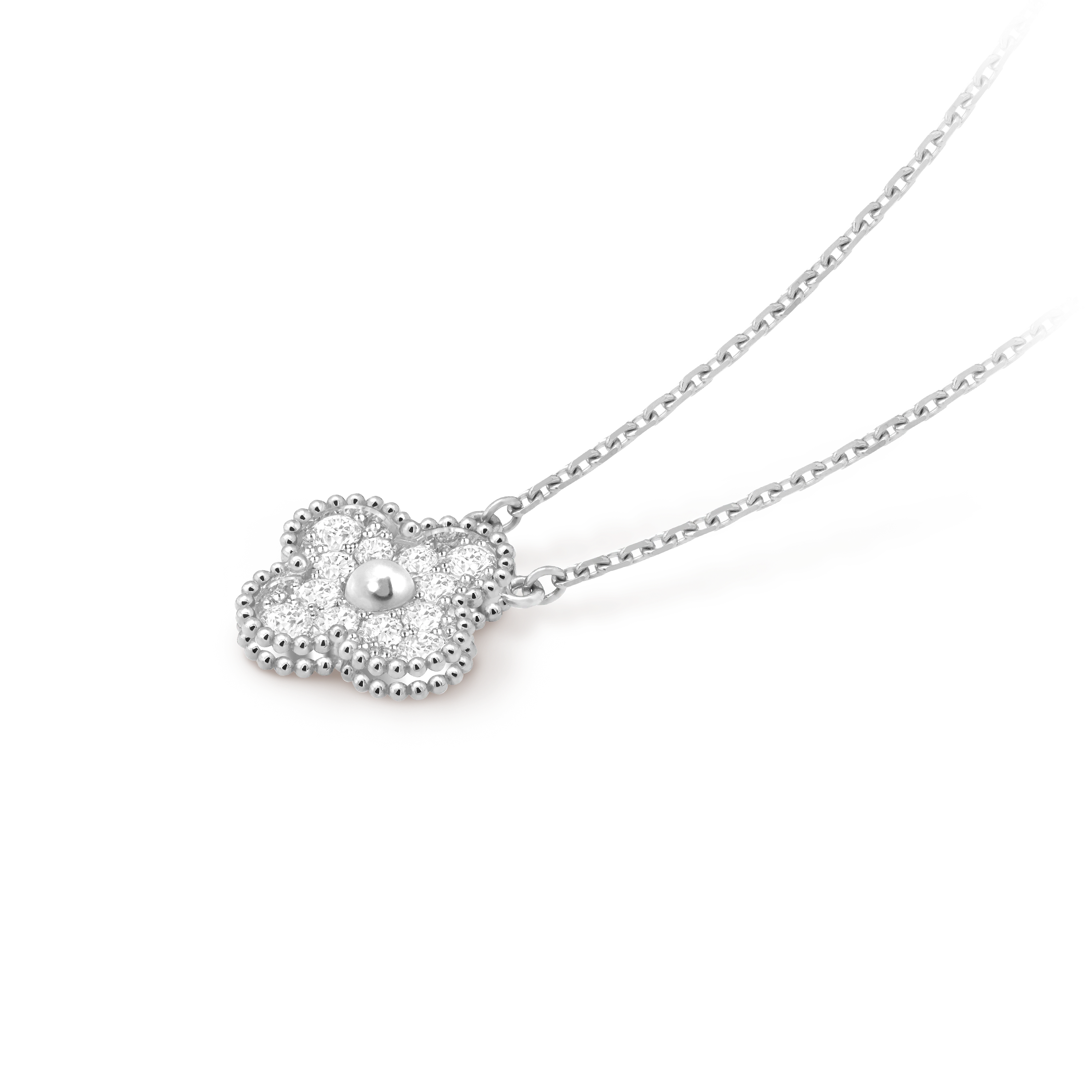 Van Cleef & Arpels Four-leaf Clover Full Diamond Pendant White Gold Necklace Vintage Alhambra