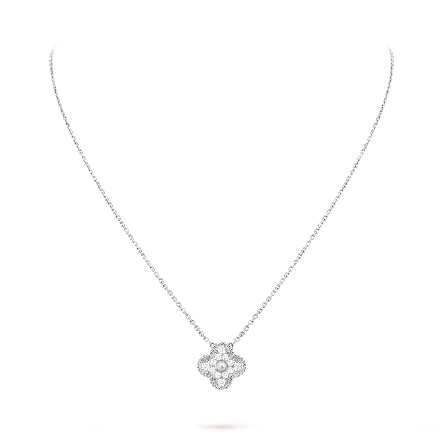 Van Cleef & Arpels Four-leaf Clover Full Diamond Pendant White Gold Necklace Vintage Alhambra