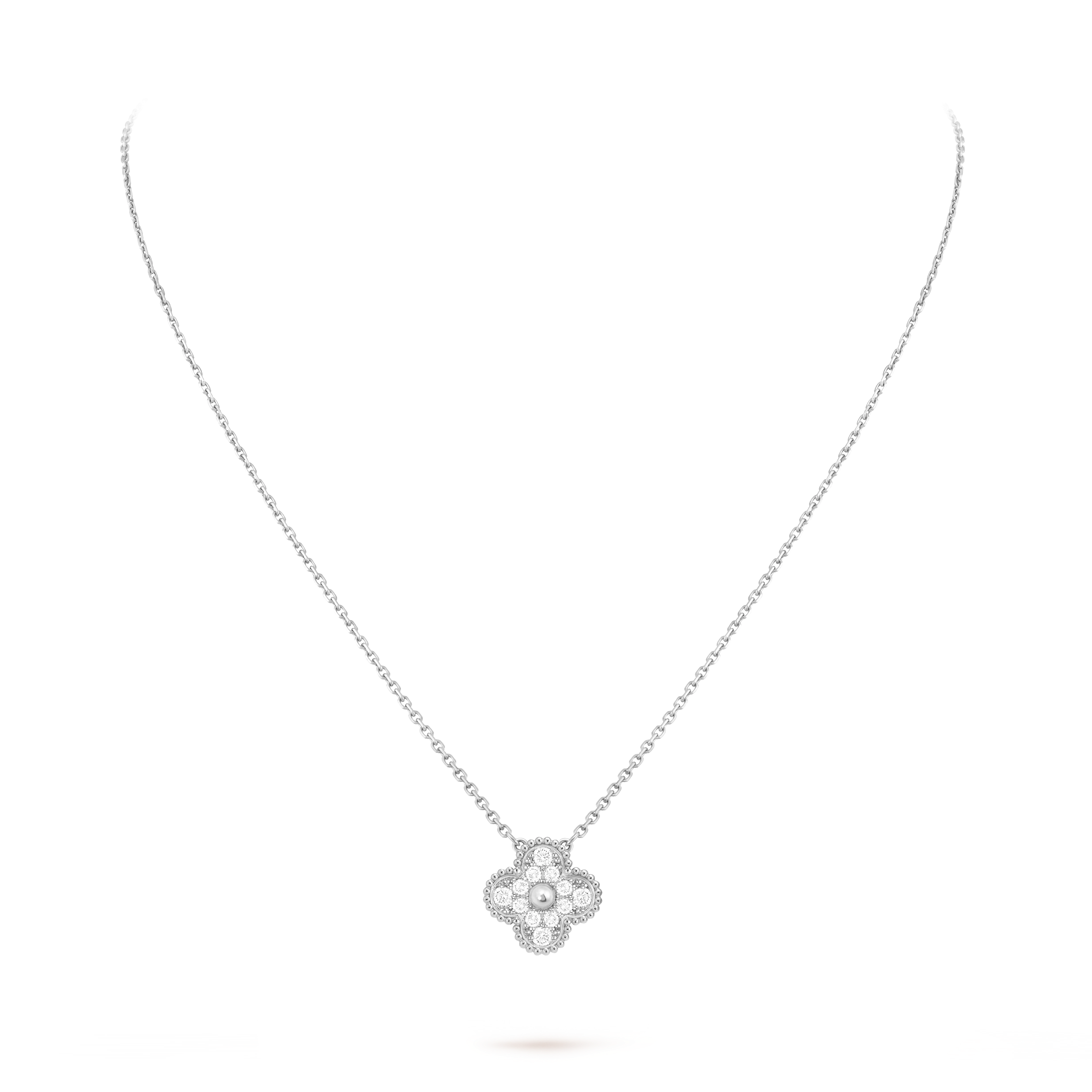 Van Cleef & Arpels Four-leaf Clover Full Diamond Pendant White Gold Necklace Vintage Alhambra