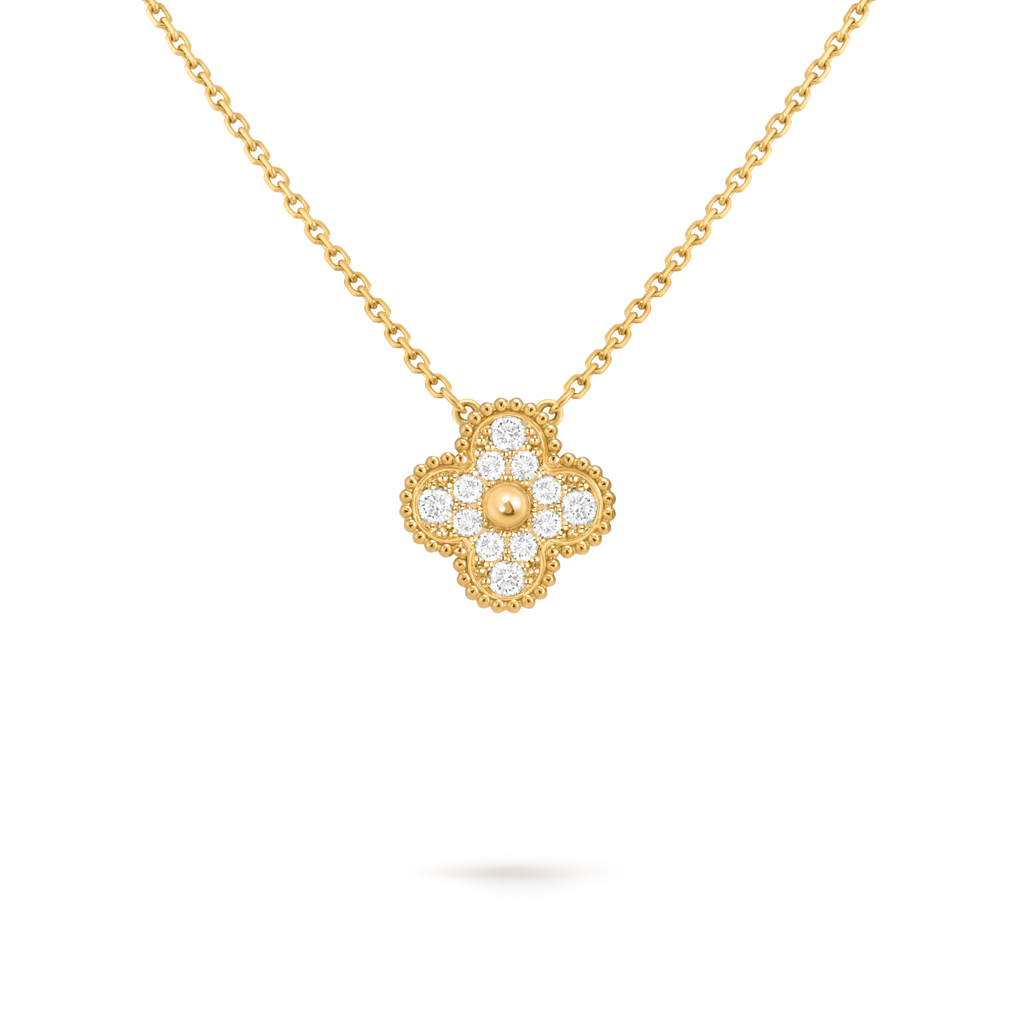 Van Cleef & Arpels Four-leaf Clover Full Diamond Pendant Gold Necklace Vintage Alhambra