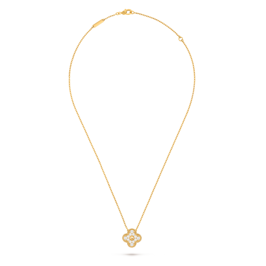 Van Cleef & Arpels Four-leaf Clover Full Diamond Pendant Gold Necklace Vintage Alhambra