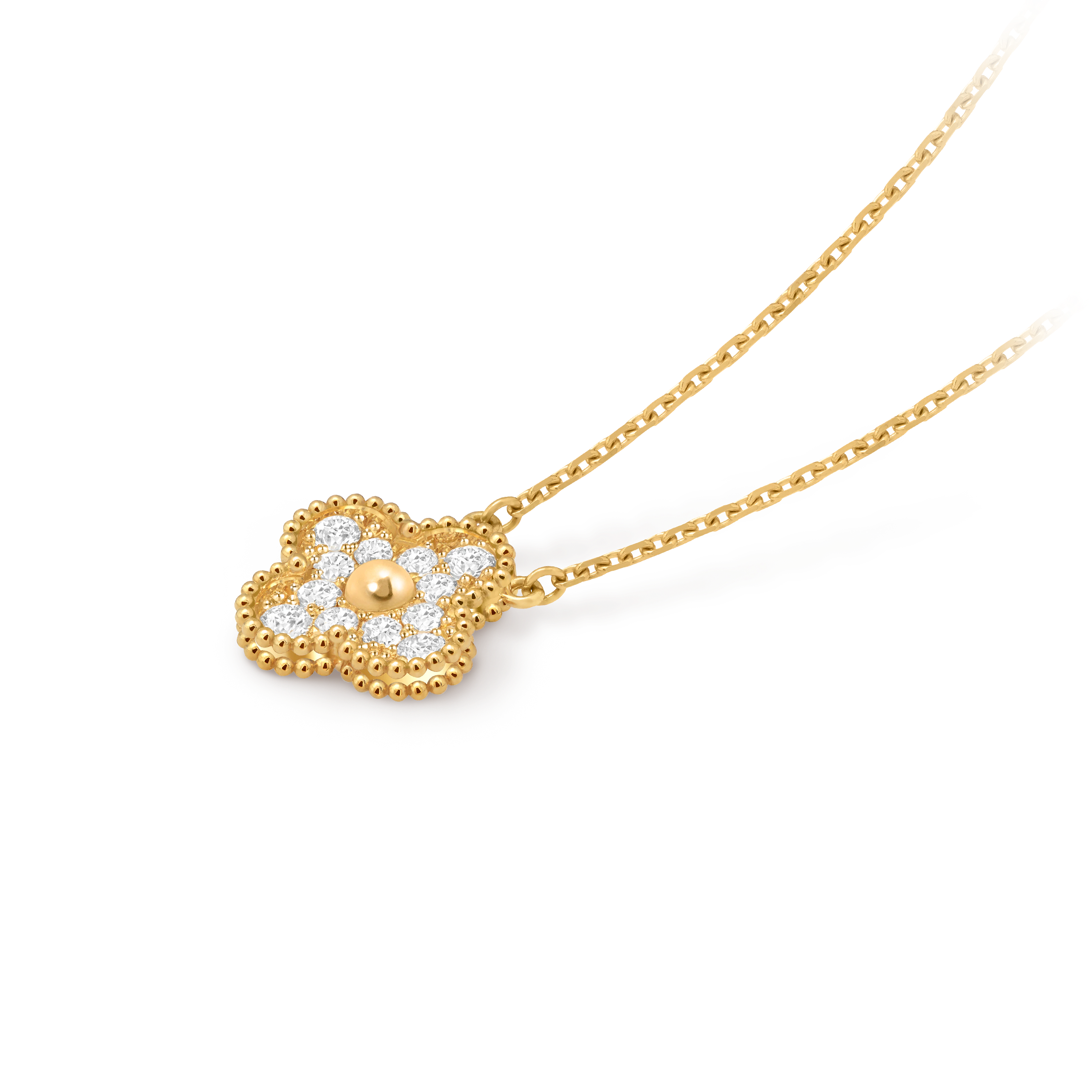 Van Cleef & Arpels Four-leaf Clover Full Diamond Pendant Gold Necklace Vintage Alhambra