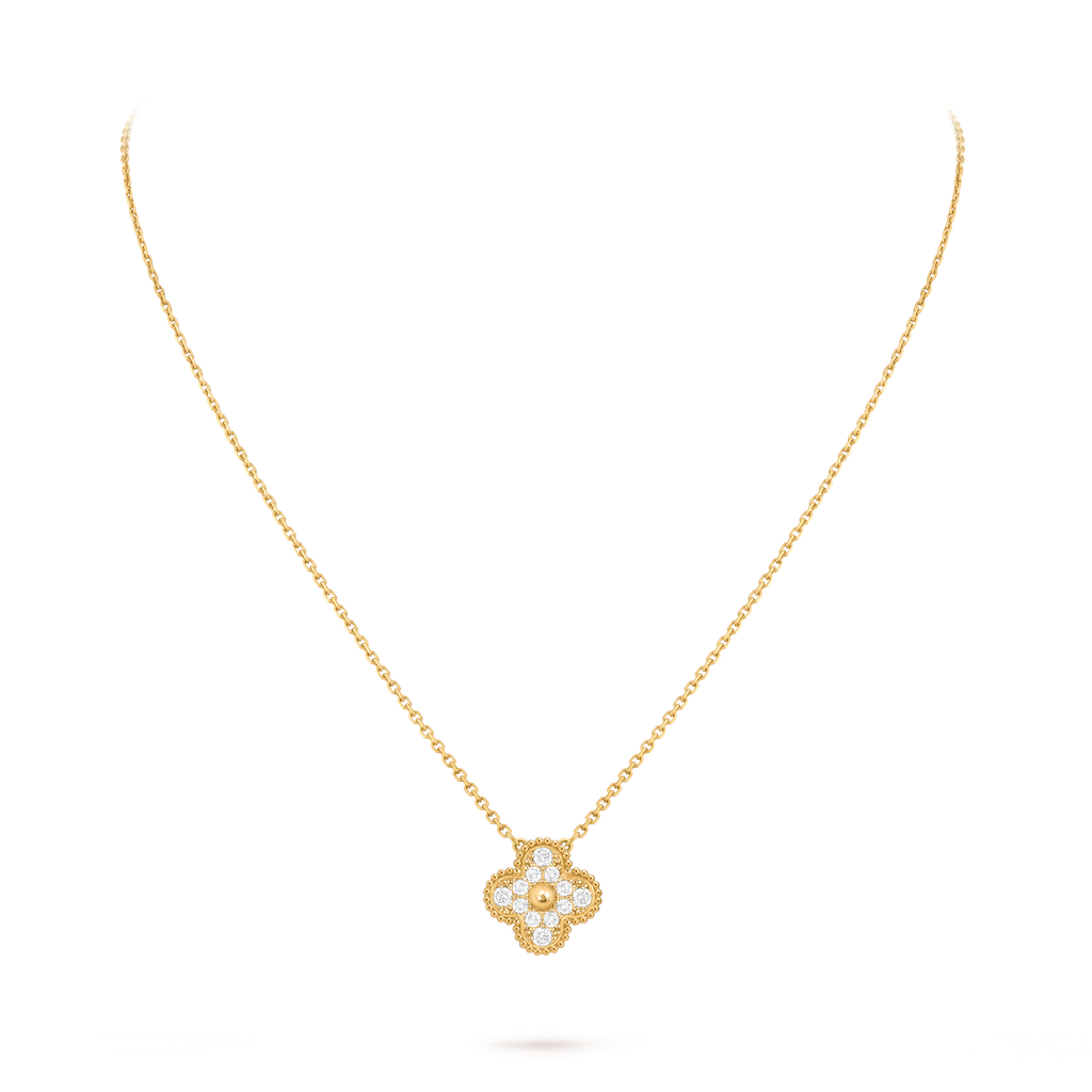 Van Cleef & Arpels Four-leaf Clover Full Diamond Pendant Gold Necklace Vintage Alhambra