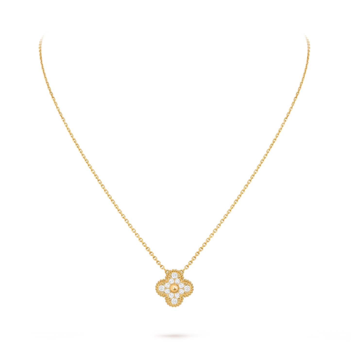 Van Cleef & Arpels Four-leaf Clover Full Diamond Pendant Gold Necklace Vintage Alhambra