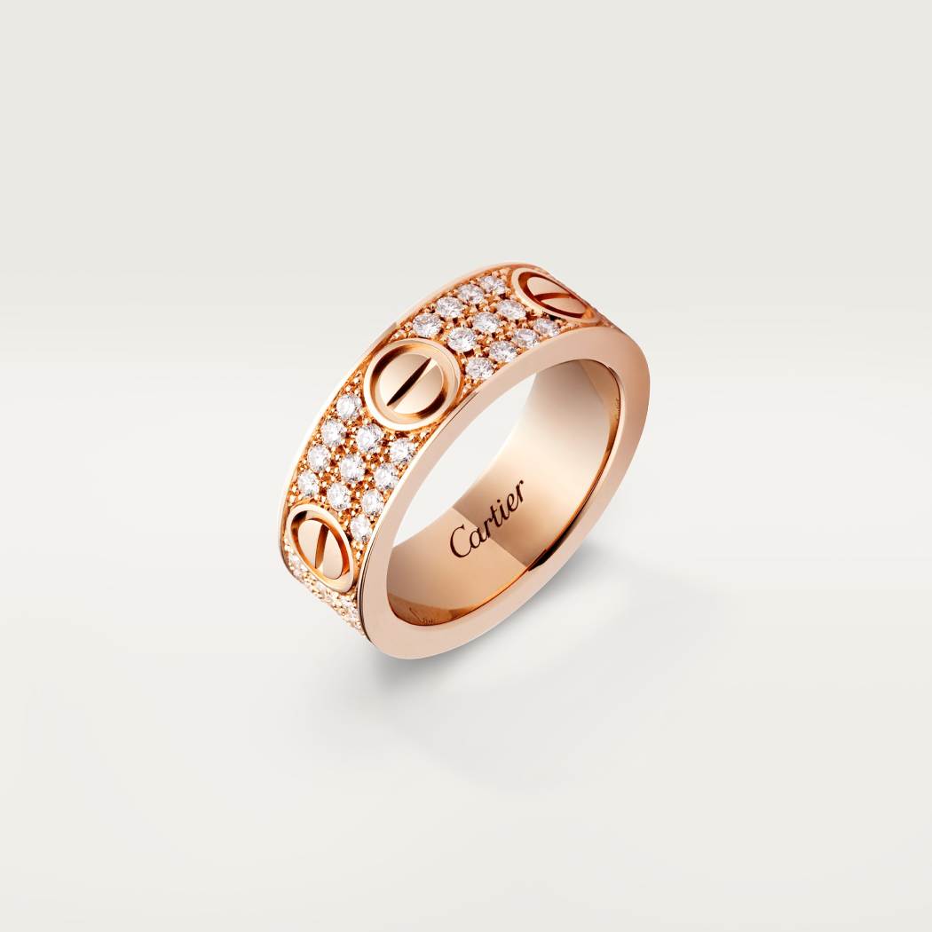 Cartier 18K rose gold classic LOVE 6mm ring paired with 3 rows of diamonds