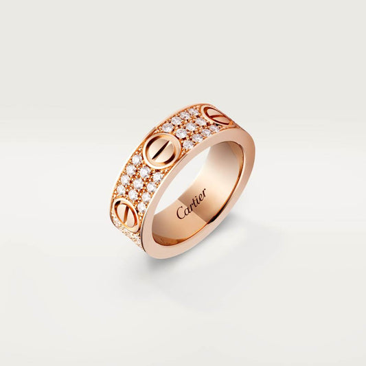 Cartier 18K rose gold classic LOVE 6mm ring paired with 3 rows of diamonds