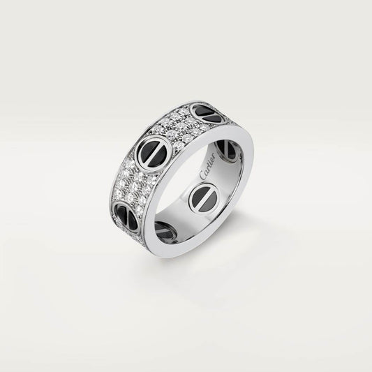 Cartier 18K white gold classic LOVE 6mm ceramic ring paired with 3 rows of diamonds