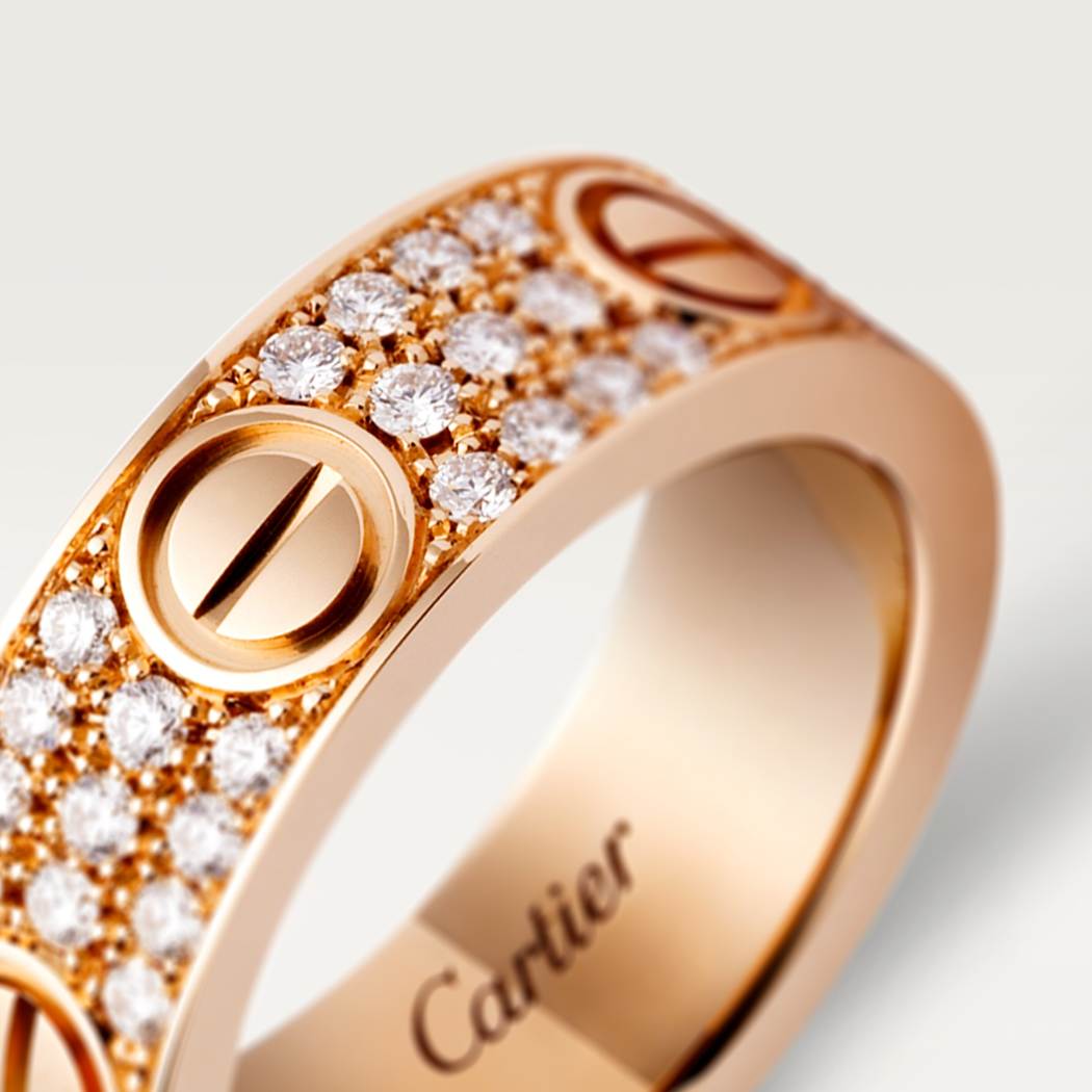 Cartier 18K rose gold classic LOVE 6mm ring paired with 3 rows of diamonds