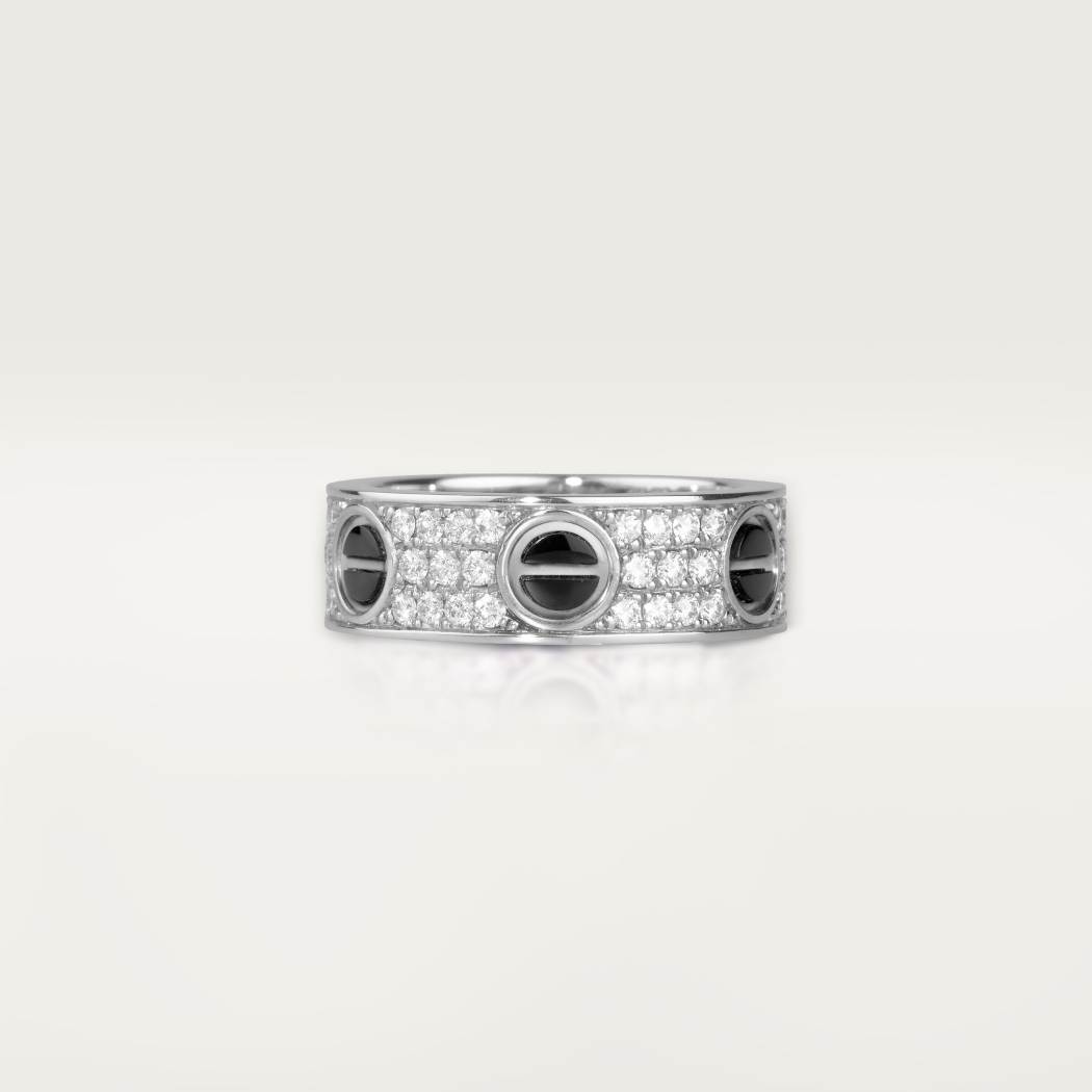 Cartier 18K white gold classic LOVE 6mm ceramic ring paired with 3 rows of diamonds
