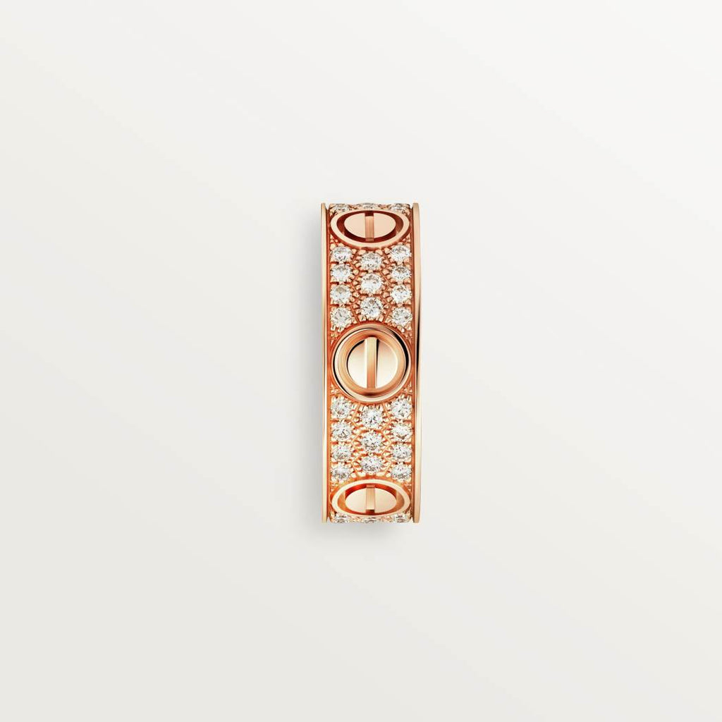 Cartier 18K rose gold classic LOVE 6mm ring paired with 3 rows of diamonds