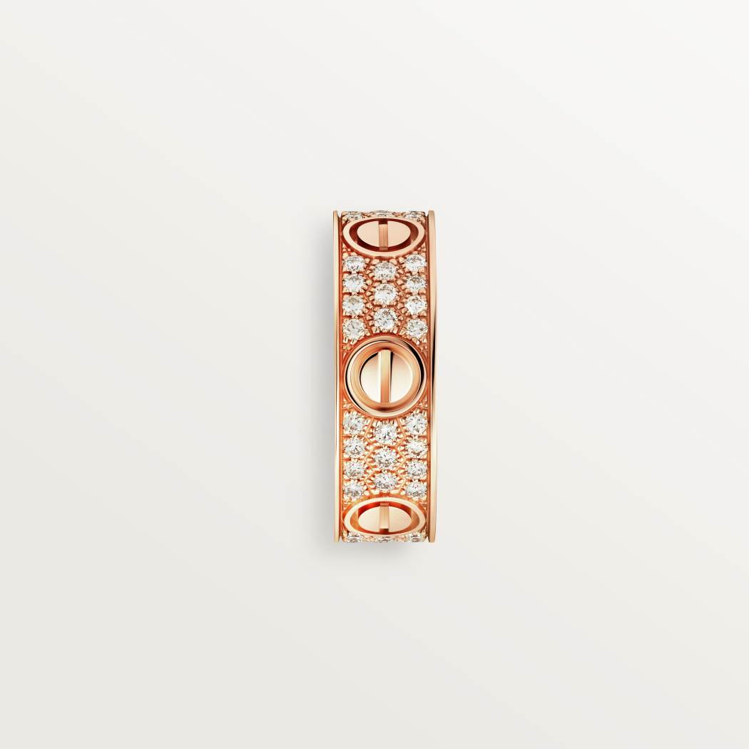 Cartier 18K rose gold classic LOVE 6mm ring paired with 3 rows of diamonds