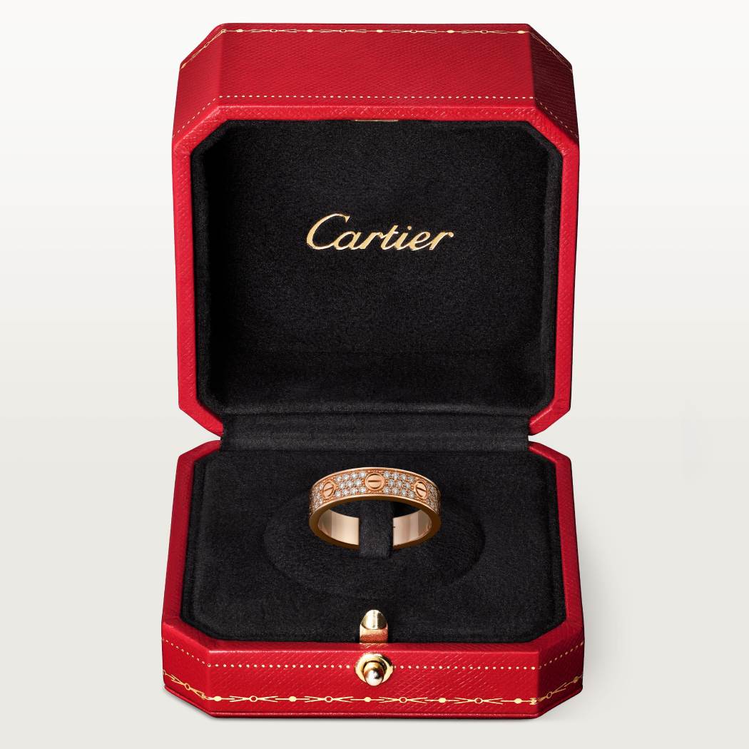 Cartier 18K rose gold LOVE ring 5mm with 3 rows of diamonds
