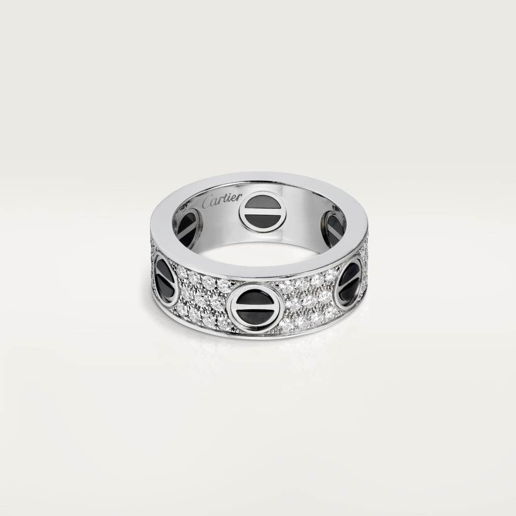Cartier 18K white gold classic LOVE 6mm ceramic ring paired with 3 rows of diamonds