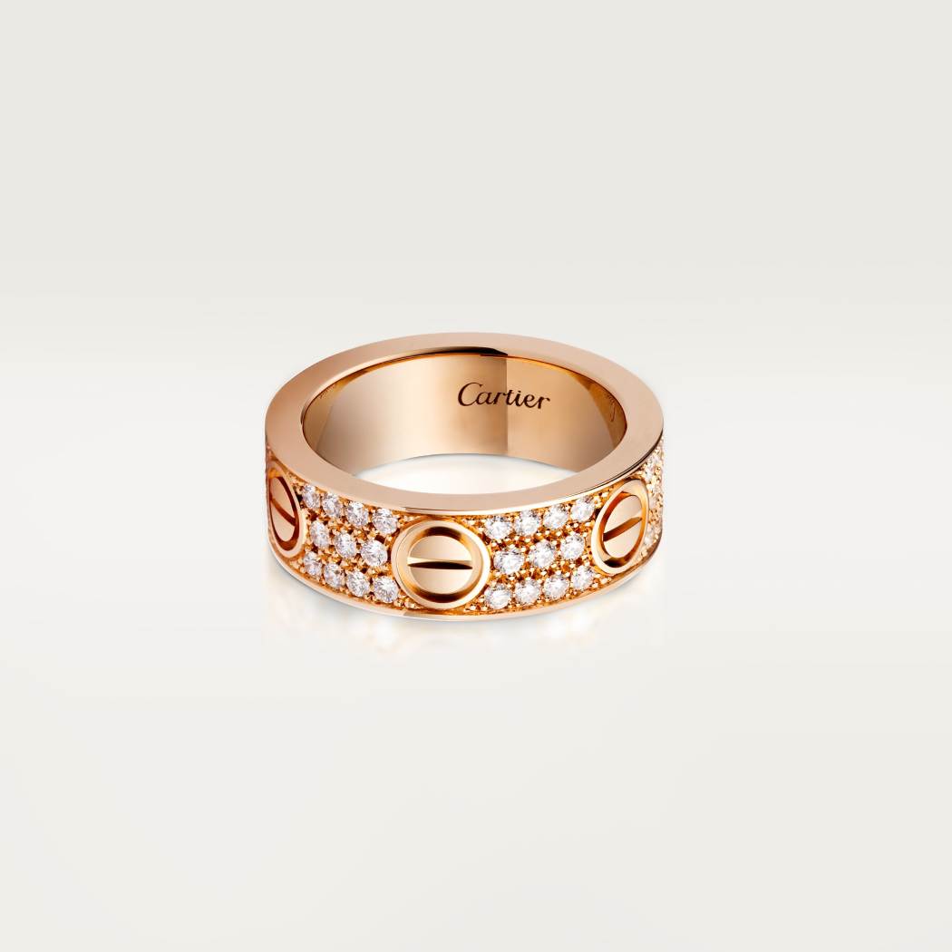 Cartier 18K rose gold classic LOVE 6mm ring paired with 3 rows of diamonds