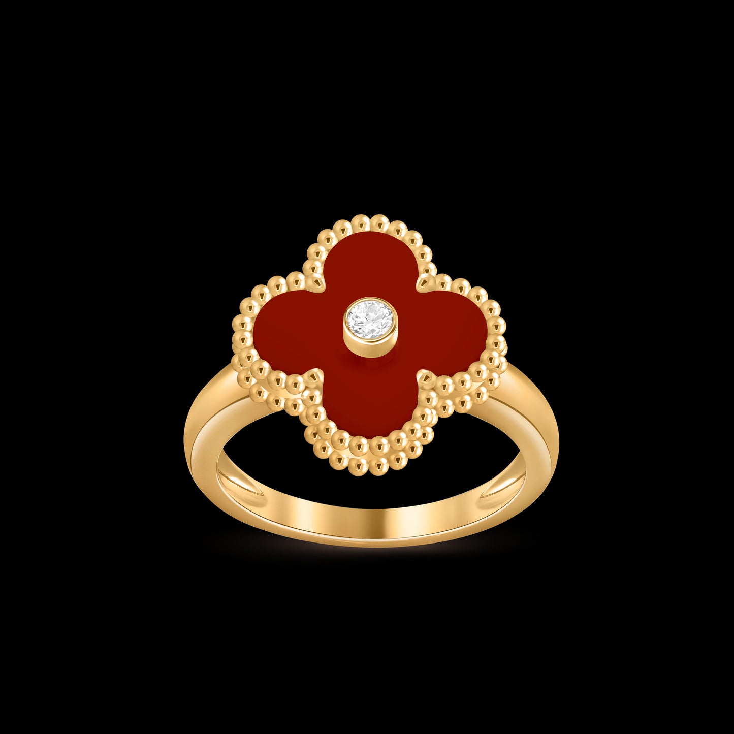 Van Cleef & Arpels 18K gold four-leaf clover ring with carnelian and diamonds