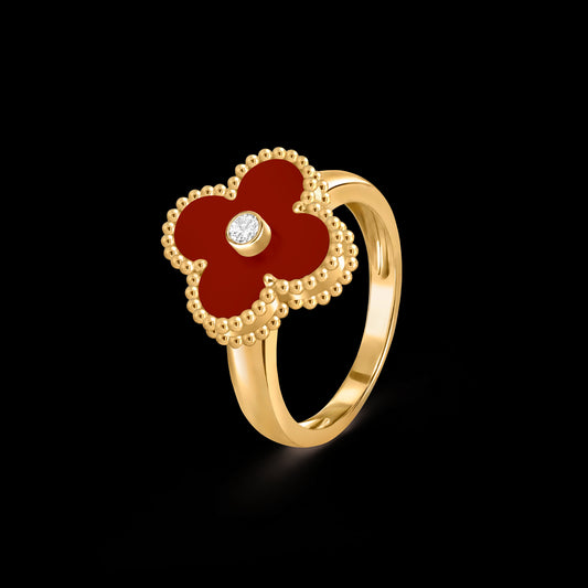 Van Cleef & Arpels 18K gold four-leaf clover ring with carnelian and diamonds