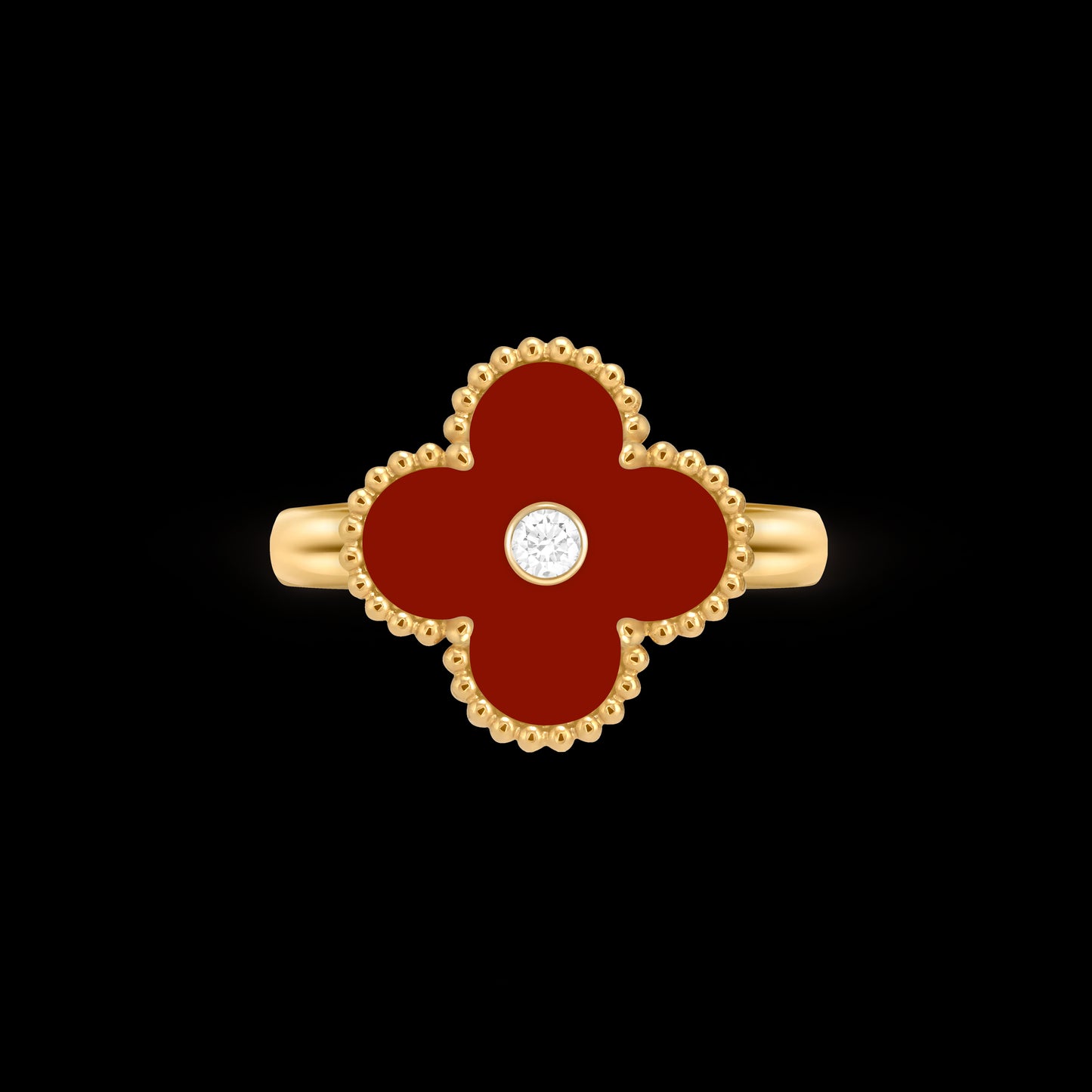 Van Cleef & Arpels 18K gold four-leaf clover ring with carnelian and diamonds