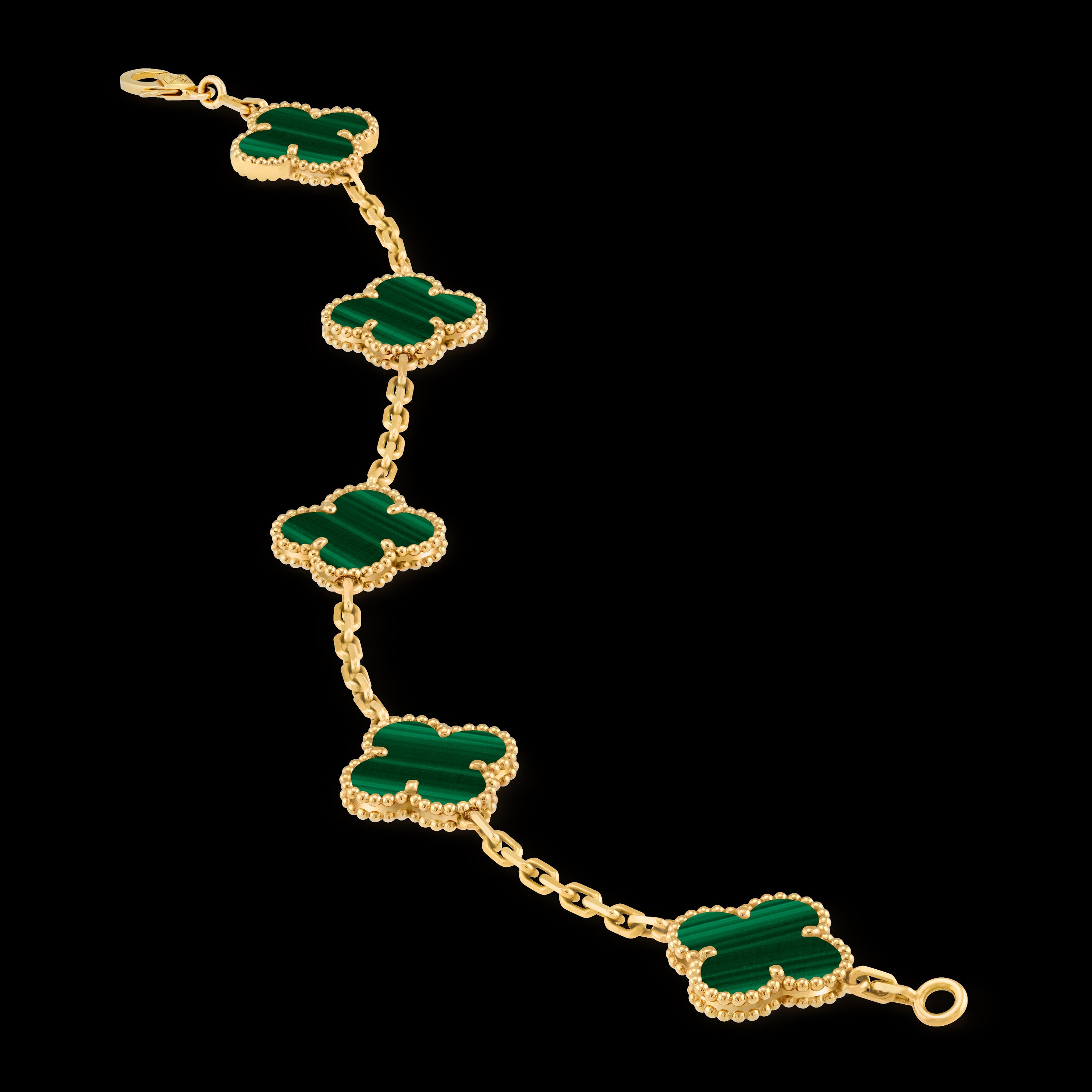 VCA Four-leaf Clover 5-flower gold bracelet paired with malachite