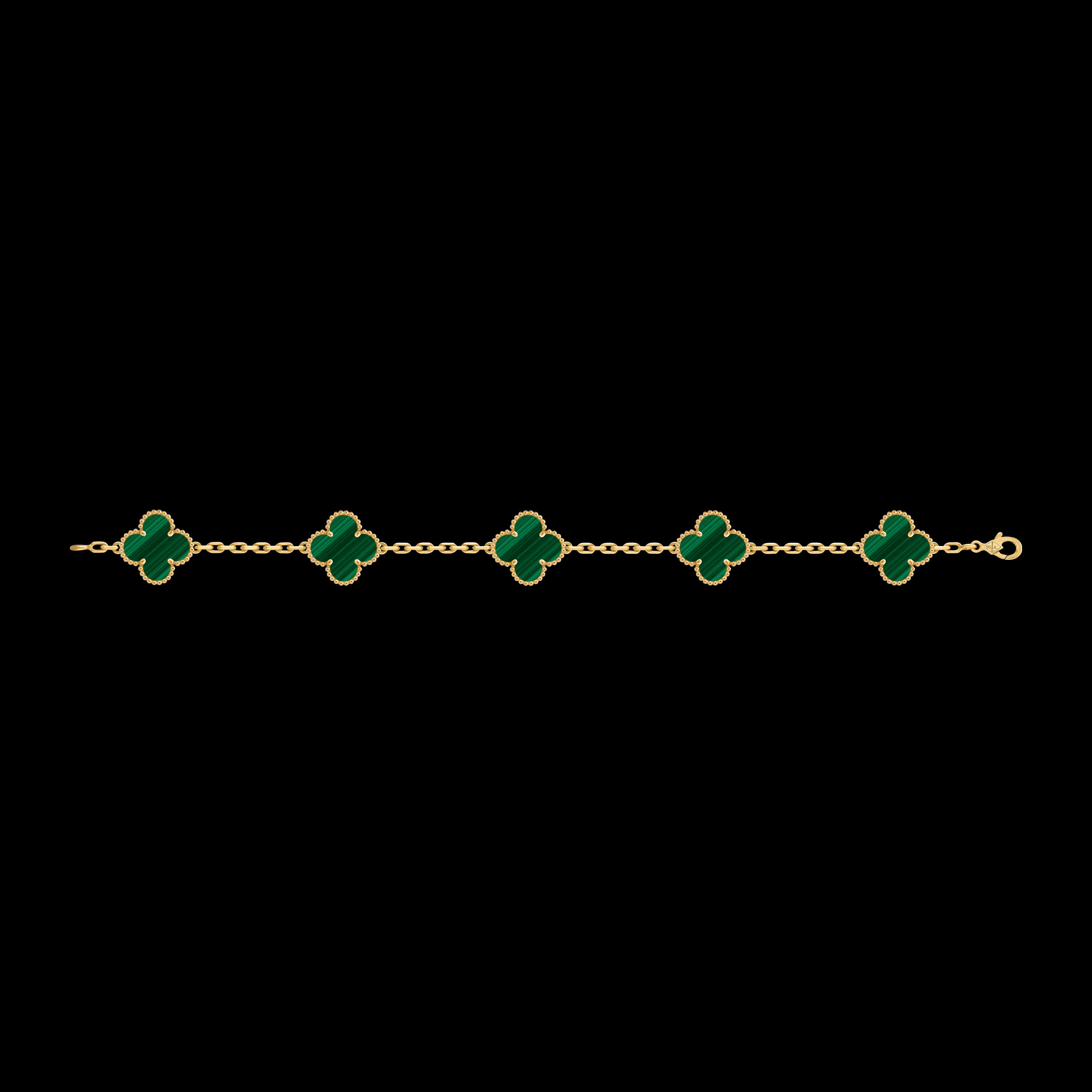 VCA Four-leaf Clover 5-flower gold bracelet paired with malachite