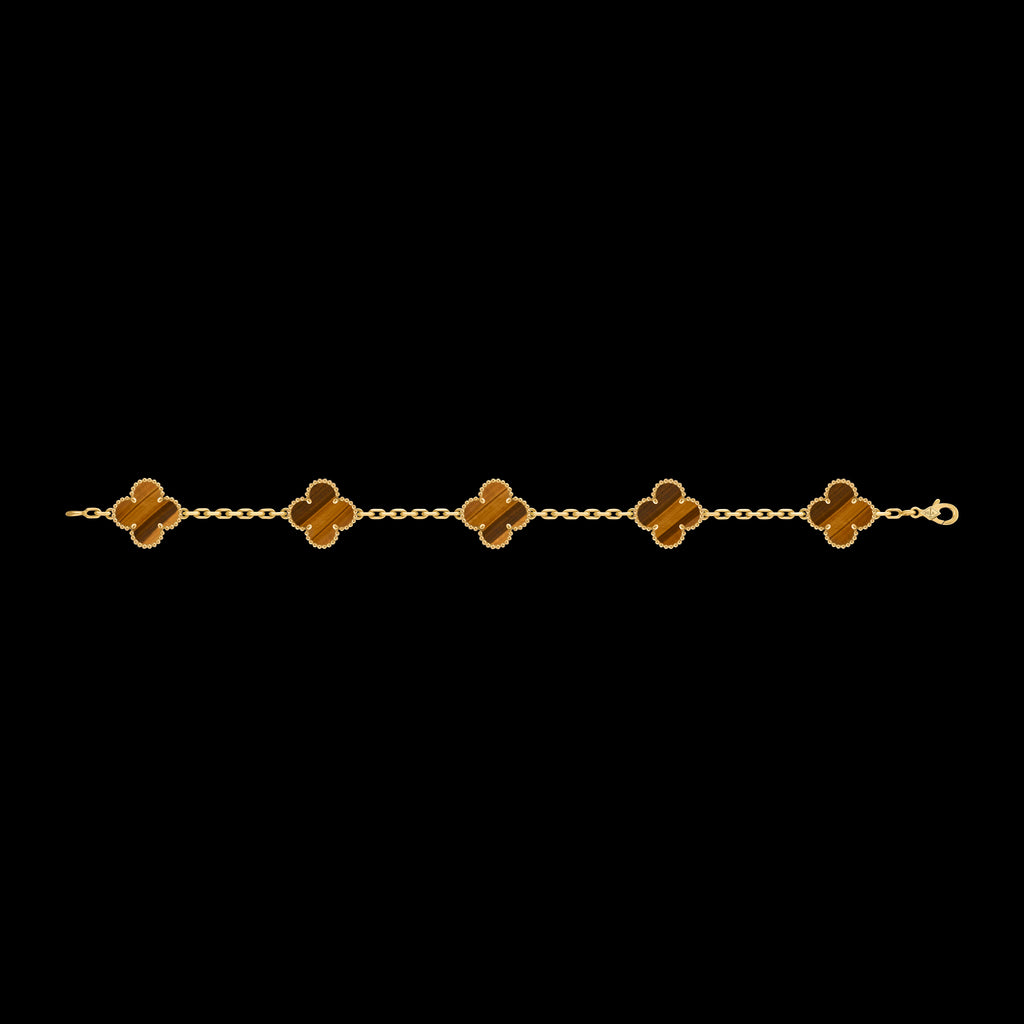 VCA four-leaf clover 5-flower golden bracelet paired with tiger's eye stone